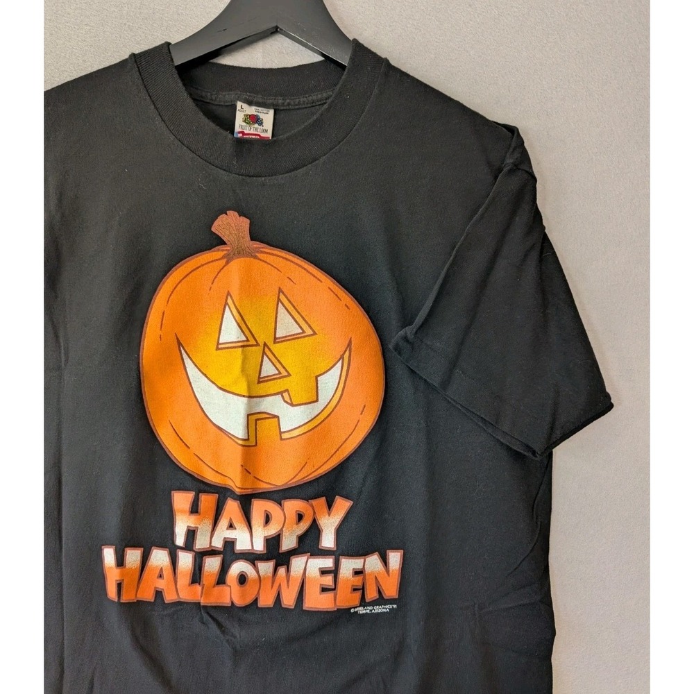 Vtg '91 Fruit of The Loom Happy Halloween Large Black T-Shirt Single Stitch USA‎